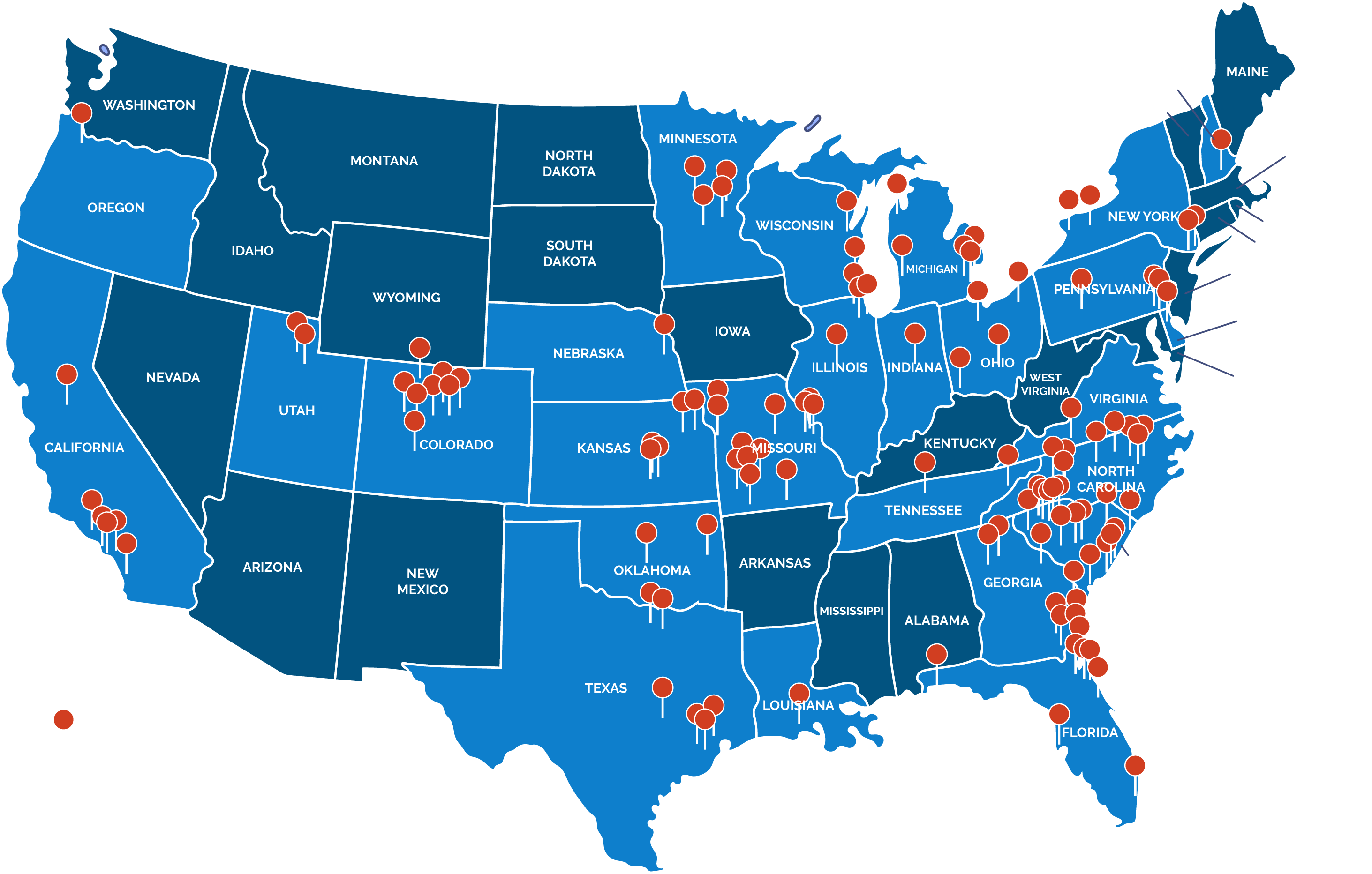 US Map showing states where BDV has sponsors